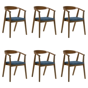 Santana Wood Dining Chair in Walnut Finish with Blue Fabric - Set of 6