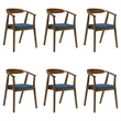 Santana Wood Dining Chair in Walnut Finish with Blue Fabric - Set of 6