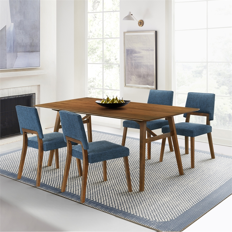 Channell Wood Dining Chair in Walnut Finish with Blue Fabric - Set of 4