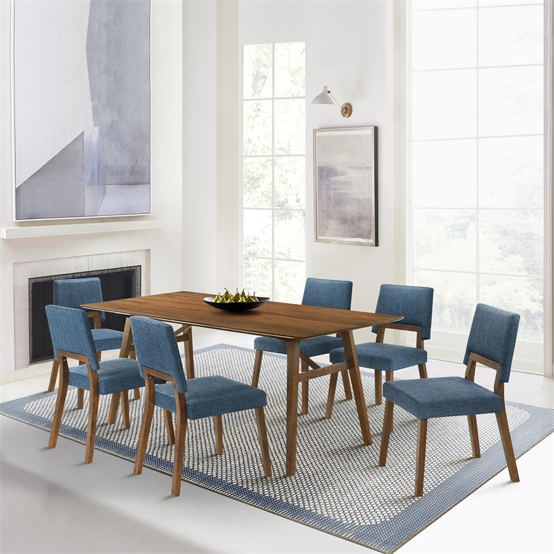 Channell Wood Dining Chair in Walnut Finish with Blue Fabric - Set of 6