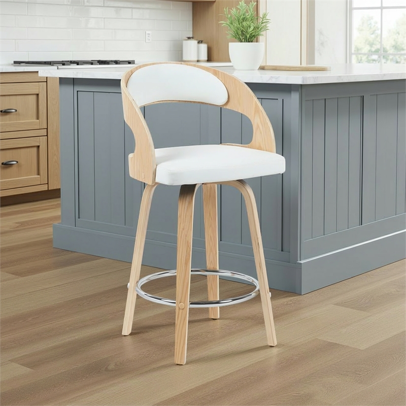 Shelly Counter Height Swivel Bar Stool in Oak with White Faux Leather Seat