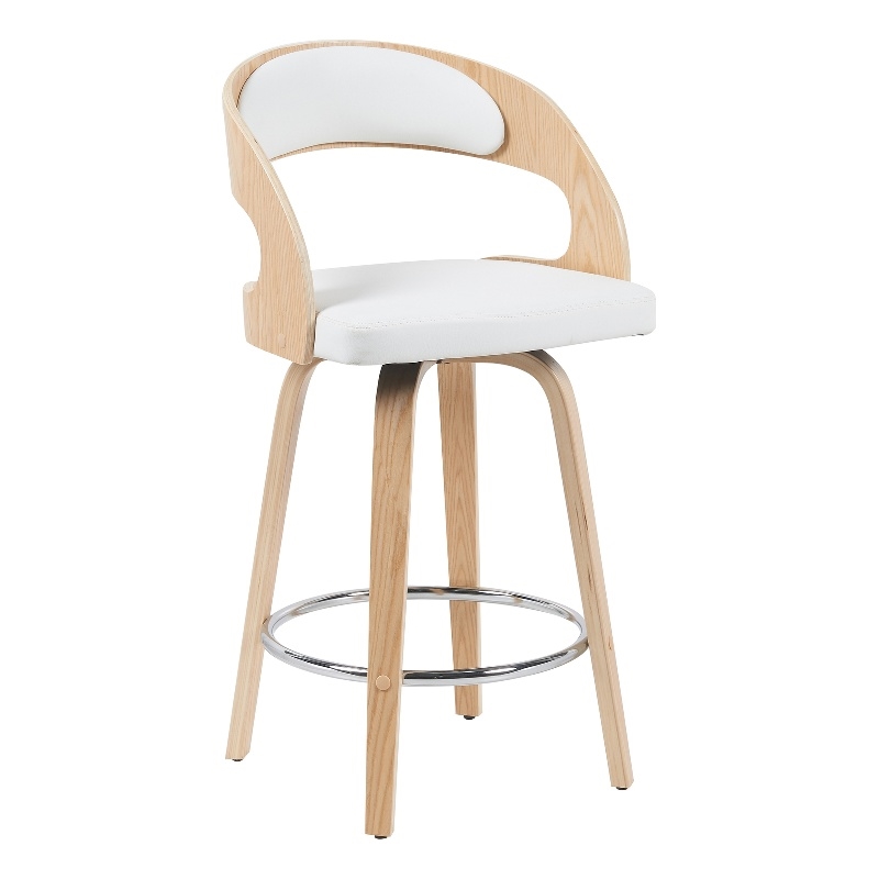 Shelly Counter Height Swivel Bar Stool in Oak with White Faux Leather Seat