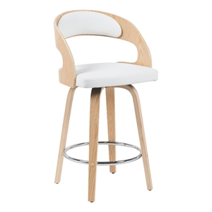 Shelly Counter Height Swivel Bar Stool in Oak with White Faux Leather Seat