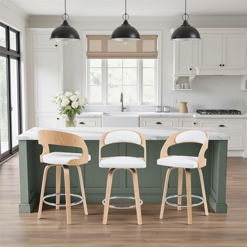 Shelly Counter Height Swivel Bar Stool in Oak/White Faux Leather- Set of 3