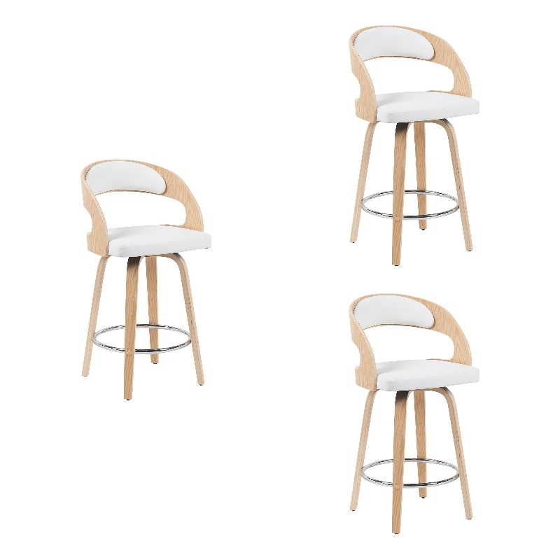 Shelly Counter Height Swivel Bar Stool in Oak/White Faux Leather- Set of 3