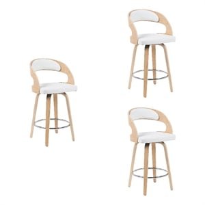 Shelly Counter Height Swivel Bar Stool in Oak/White Faux Leather- Set of 3