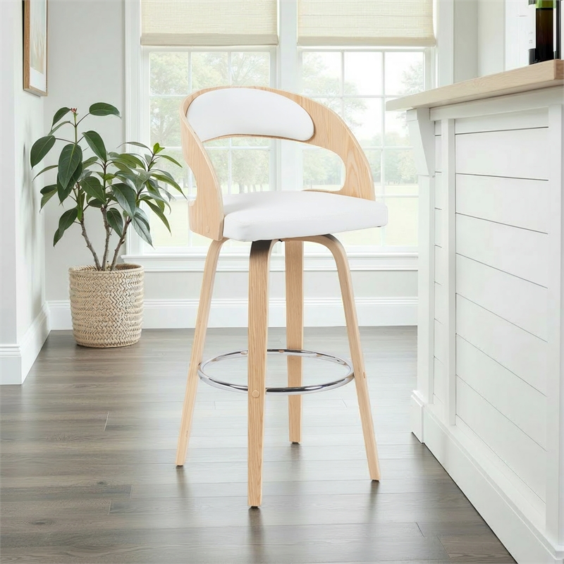 Shelly Modern Bar Height Swivel Stool in Oak/White Faux Leather Upholstered Seat