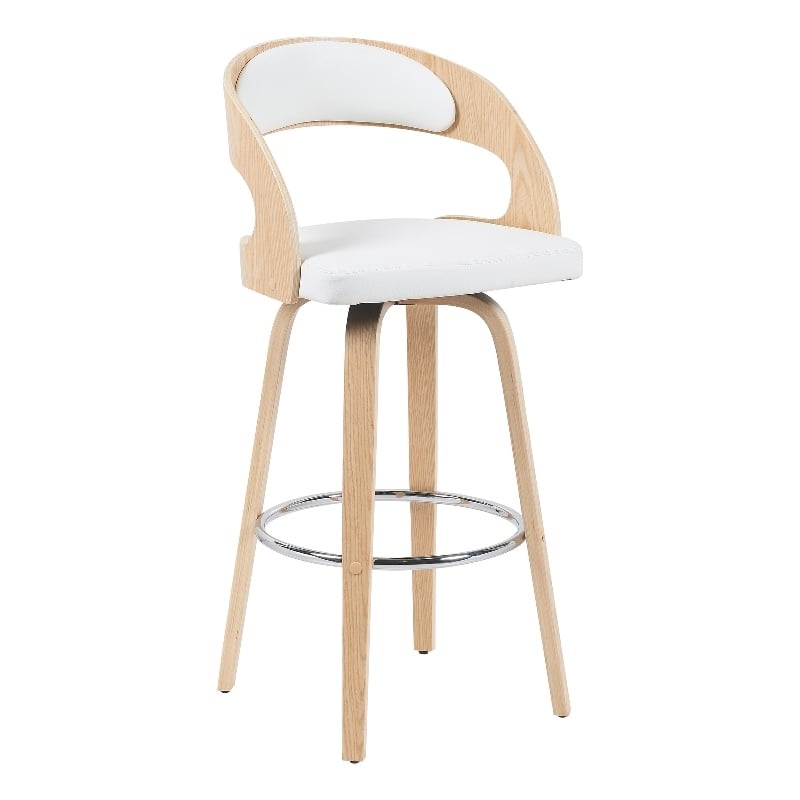 Shelly Modern Bar Height Swivel Stool in Oak/White Faux Leather Upholstered Seat