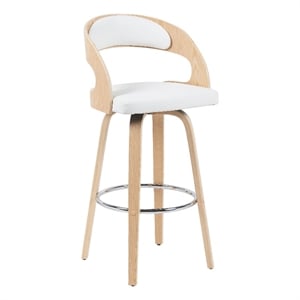 Shelly Modern Bar Height Swivel Stool in Oak/White Faux Leather Upholstered Seat