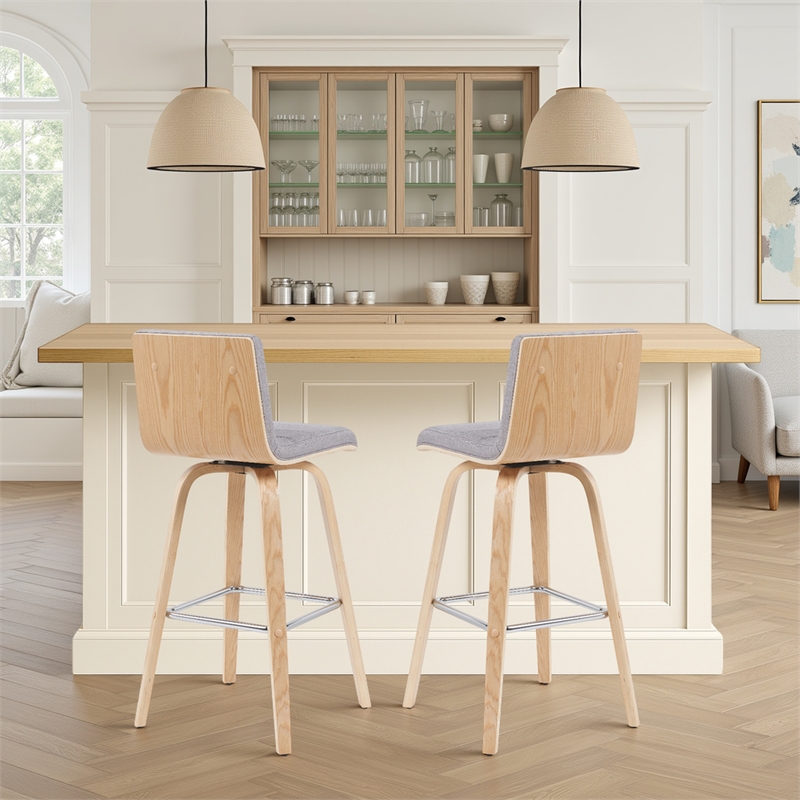 Vienna Modern Swivel Bar Height Stool with Grey Seat and Oak Wood Frame-Set of 2
