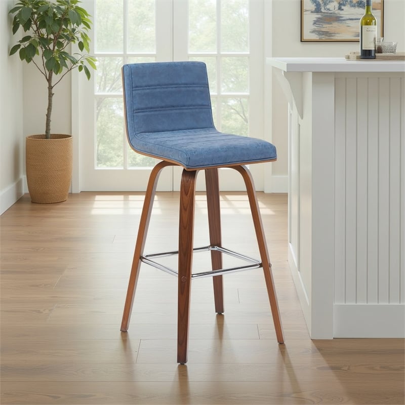 Vienna Swivel Bar Height Stool with Vintage Blue Seat and Walnut Wood