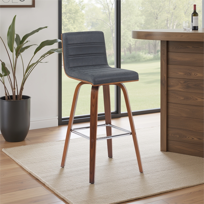 Vienna Swivel Bar Height Stool in Black Upholstered Seat/Walnut Wood Frame