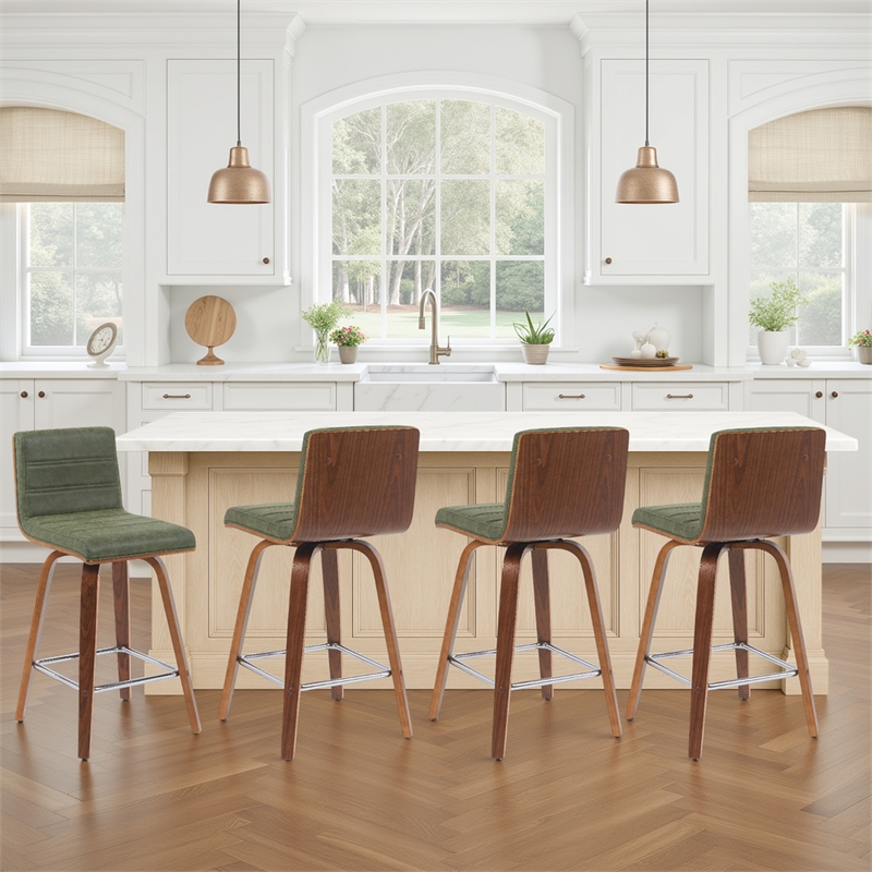 Vienna Counter Height Swivel Bar Stool - Vintage Green Seat/Walnut Wood-Set of 4