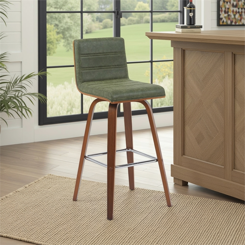 Vienna Modern Swivel Bar Height Stool with Vintage Green Seat and Walnut Frame