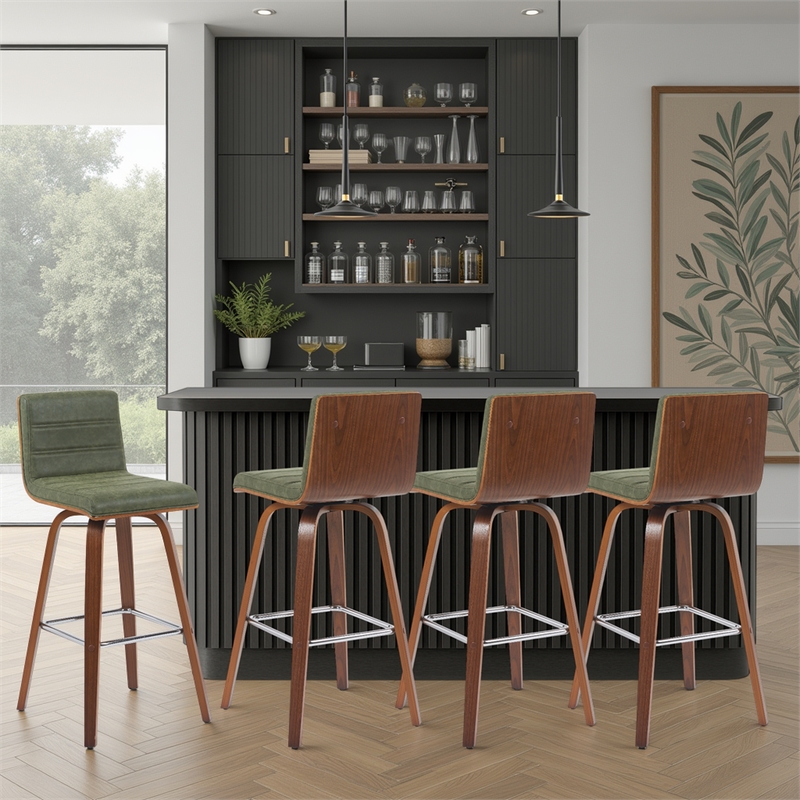 Vienna Swivel Bar Height Stool with Vintage Green Seat and Walnut Wood- Set of 4