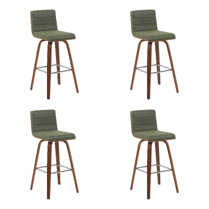 Vienna Swivel Bar Height Stool with Vintage Green Seat and Walnut Wood- Set of 4