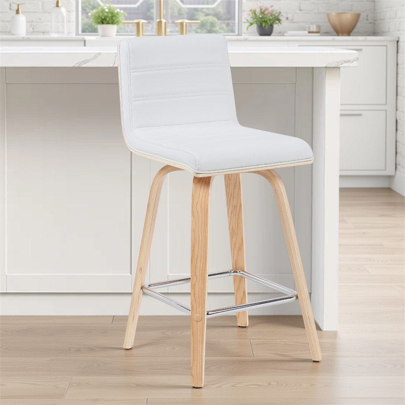 Vienna Counter Height Swivel Bar Stool with White Faux Leather Seat and Oak Wood