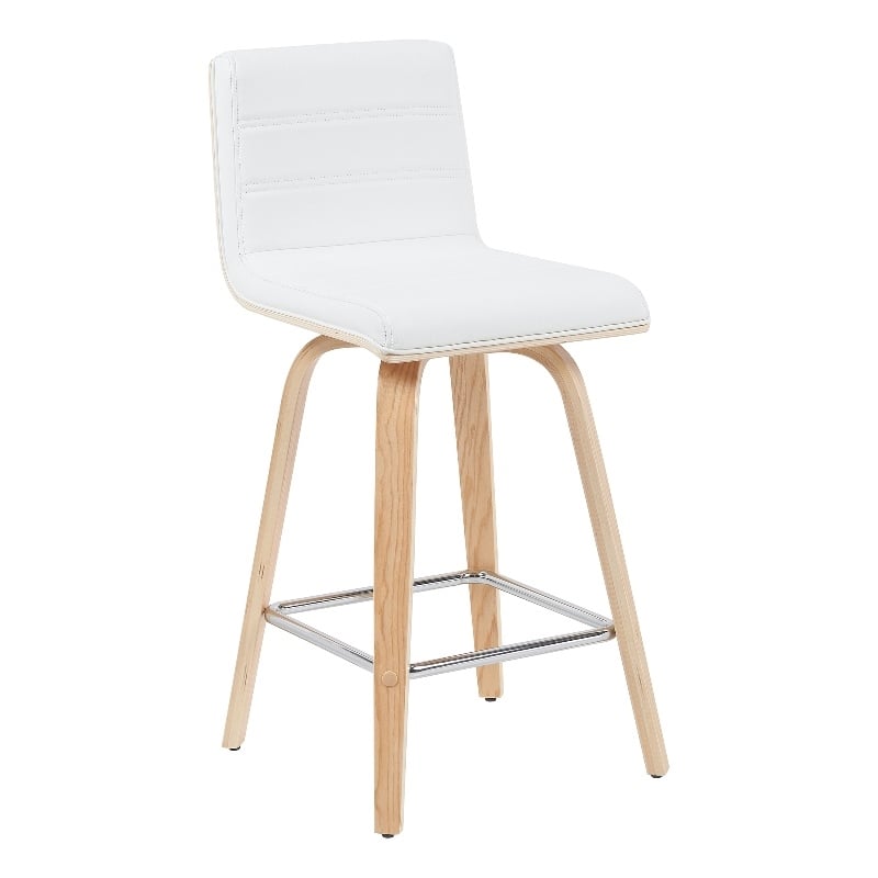 Vienna Counter Height Swivel Bar Stool with White Faux Leather Seat and Oak Wood