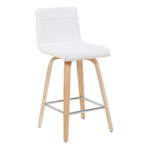 Vienna Counter Height Swivel Bar Stool with White Faux Leather Seat and Oak Wood