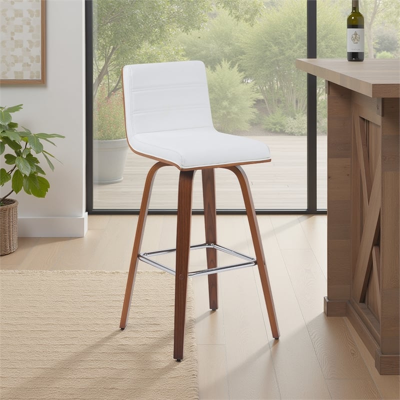 Vienna Swivel Bar Height Stool with Snow White Faux Leather Seat and Walnut Wood