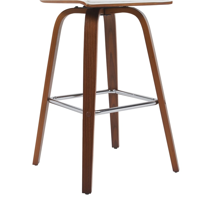Vienna Swivel Bar Height Stool with Snow White Faux Leather Seat and Walnut Wood