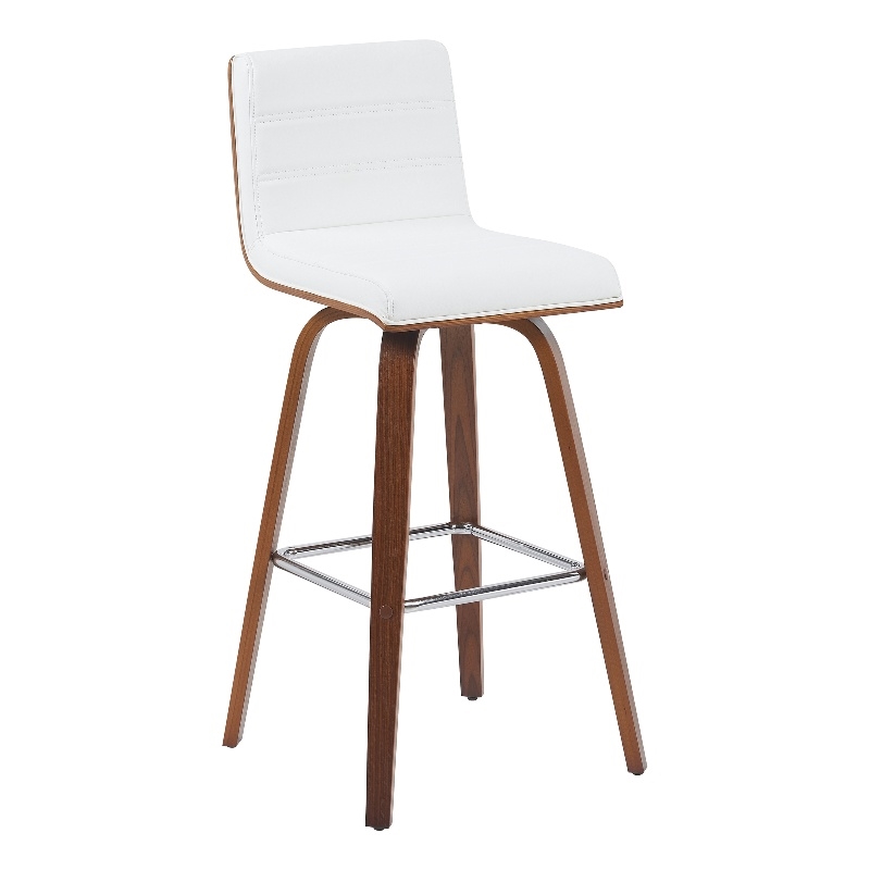 Vienna Swivel Bar Height Stool with Snow White Faux Leather Seat and Walnut Wood