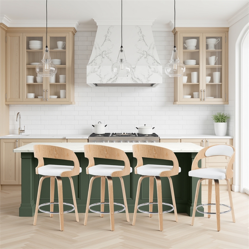 Shelly Counter Height Swivel Bar Stool in Oak/White Faux Leather- Set of 4