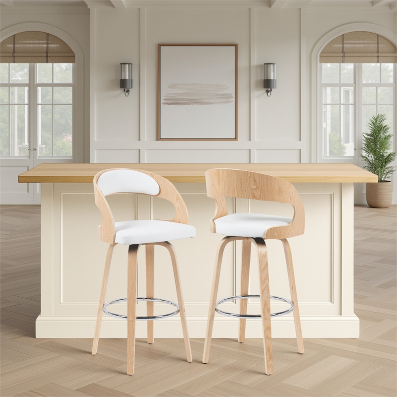 Shelly Modern Bar Height Swivel Stool in Oak w/ White Faux Leather Seat-Set of 2