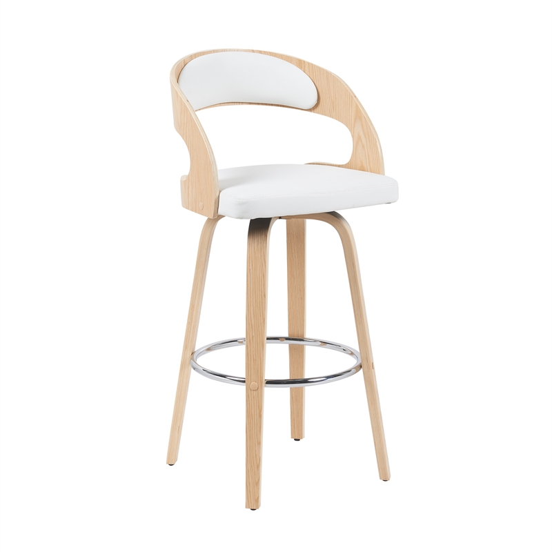 Shelly Modern Bar Height Swivel Stool in Oak w/ White Faux Leather Seat-Set of 2