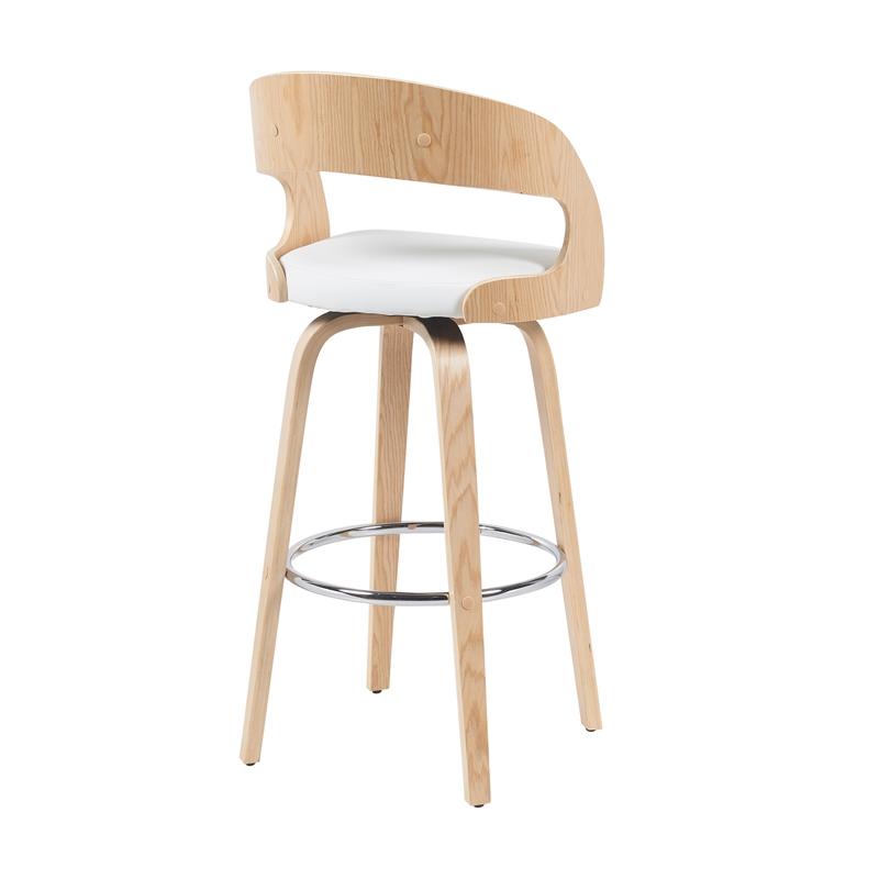 Shelly Modern Bar Height Swivel Stool in Oak w/ White Faux Leather Seat-Set of 2