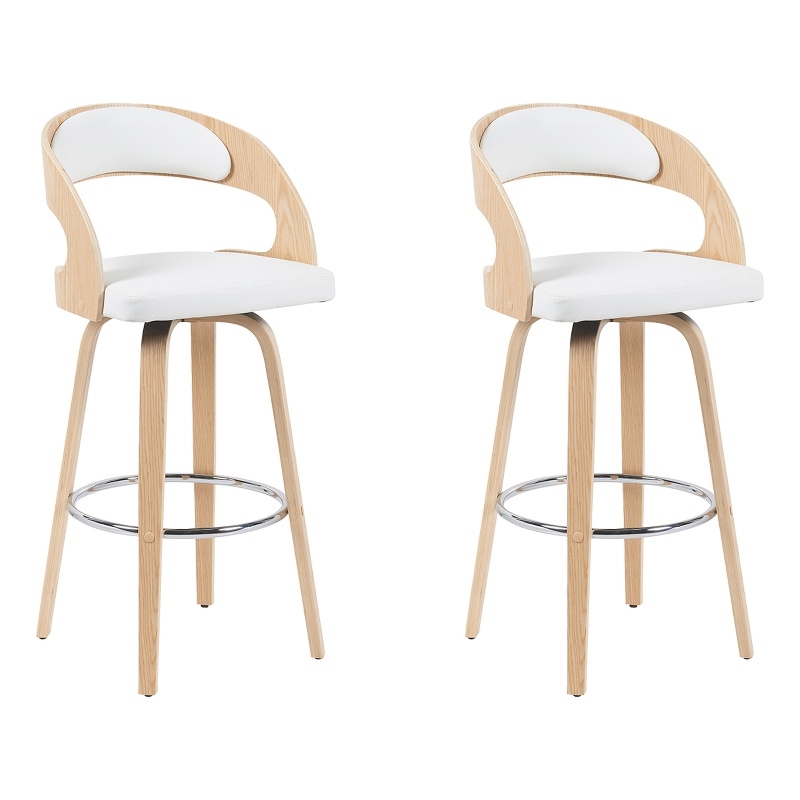 Shelly Modern Bar Height Swivel Stool in Oak w/ White Faux Leather Seat-Set of 2