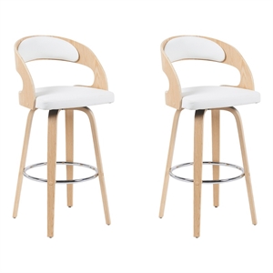 Shelly Modern Bar Height Swivel Stool in Oak w/ White Faux Leather Seat-Set of 2