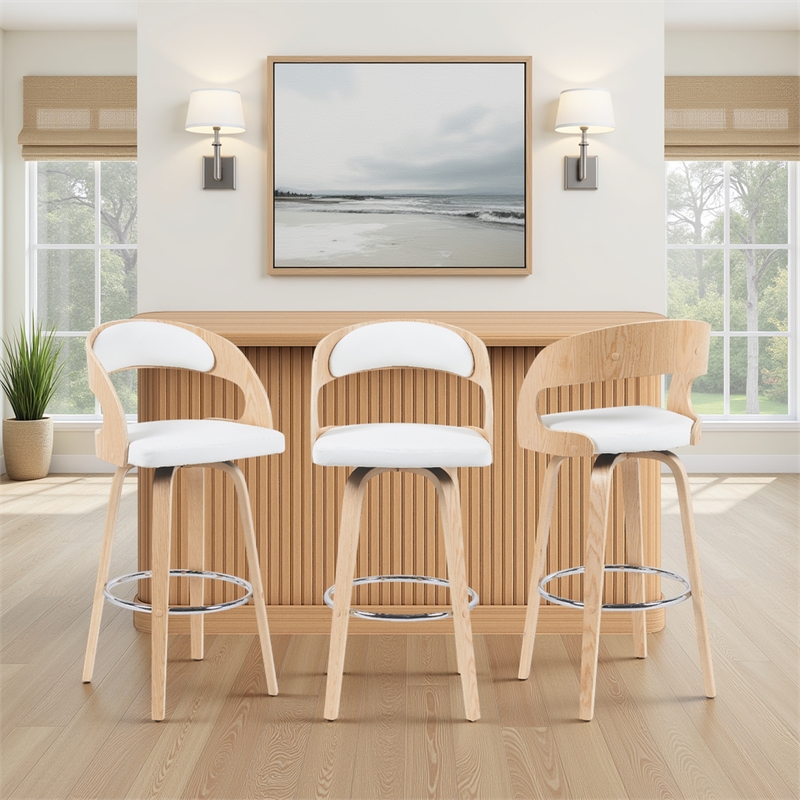 Shelly Modern Bar Height Swivel Stool - Oak w/ White Faux Leather Seat- Set of 3