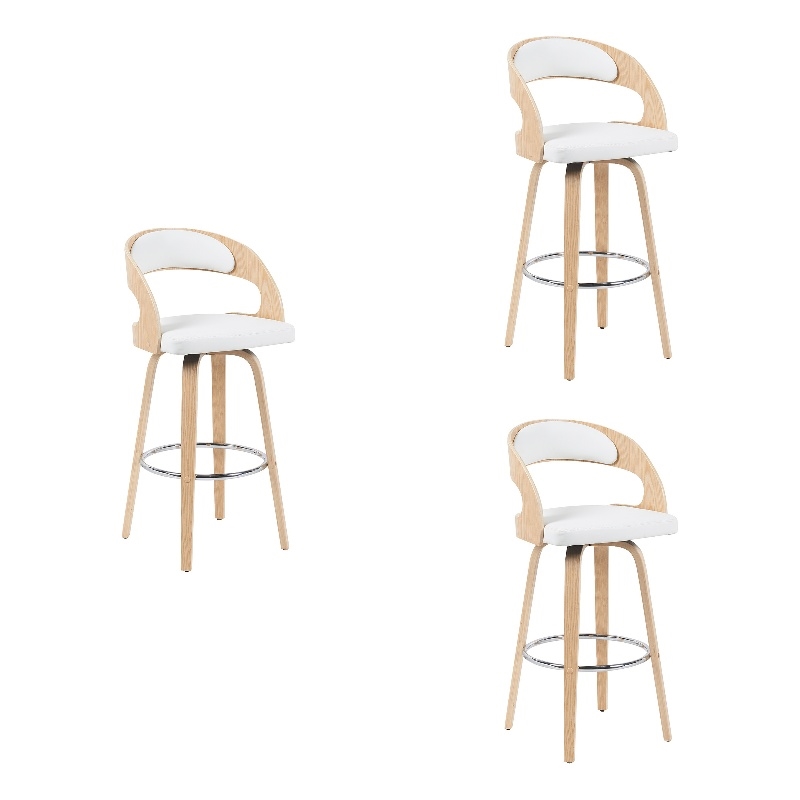 Shelly Modern Bar Height Swivel Stool - Oak w/ White Faux Leather Seat- Set of 3