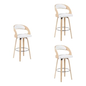 Shelly Modern Bar Height Swivel Stool - Oak w/ White Faux Leather Seat- Set of 3