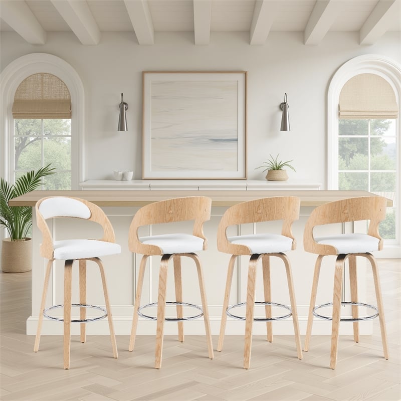 Shelly Modern Bar Height Swivel Stool in Oak/White Faux Leather Seat- Set of 4