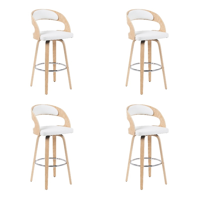 Shelly Modern Bar Height Swivel Stool in Oak/White Faux Leather Seat- Set of 4
