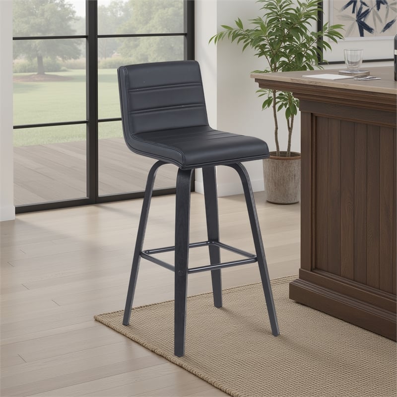 Vienna Swivel Bar Height Stool with Black Faux Leather Seat and Black Wood Frame