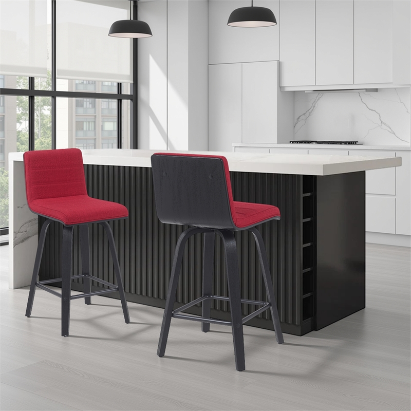 Vienna Counter Height Swivel Bar Stool with Red Seat and Brushed Wood- Set of 2