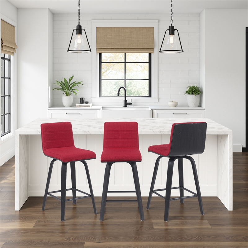 Vienna Counter Height Swivel Bar Stool with Red Seat and Brushed Wood- Set of 2