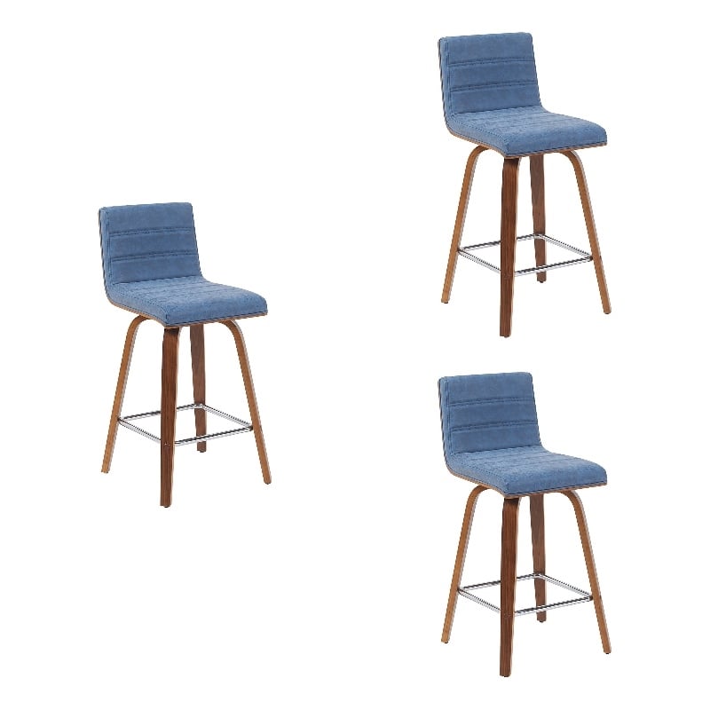 Vienna Counter Height Swivel Bar Stool with Vintage Blue Seat/Walnut- Set of 3