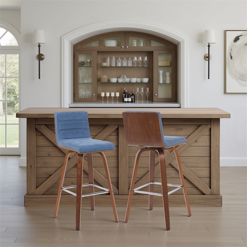 Vienna Swivel Bar Height Stool with Vintage Blue Seat and Walnut - Set of 2