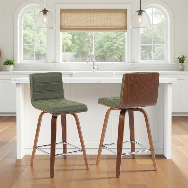 Vienna Counter Height Swivel Bar Stool with Green Seat and Walnut Wood- Set of 2