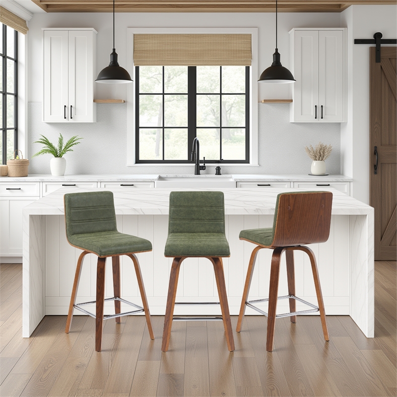 Vienna Counter Height Swivel Bar Stool with Green Seat and Walnut Wood- Set of 2