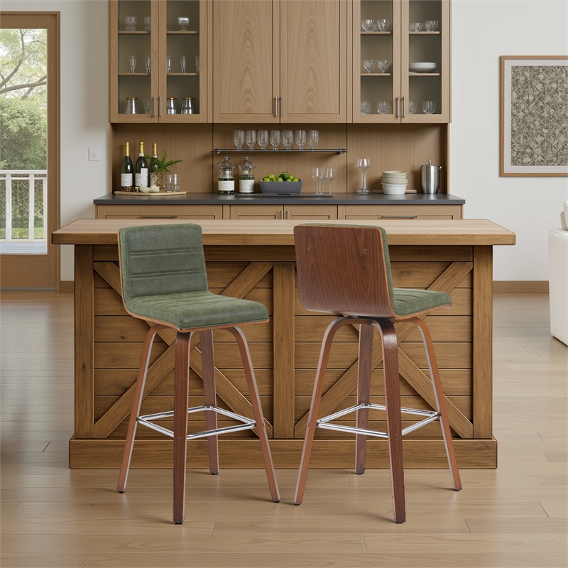 Vienna Swivel Bar Height Stool with Green Seat/Walnut Wood Frame- Set of 2