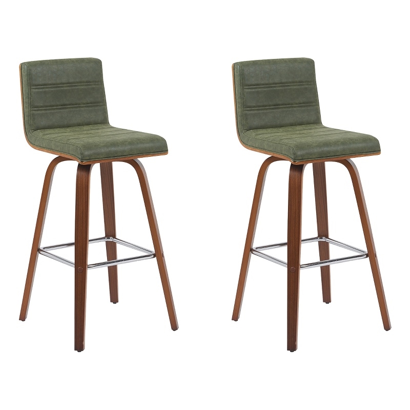 Vienna Swivel Bar Height Stool with Green Seat/Walnut Wood Frame- Set of 2