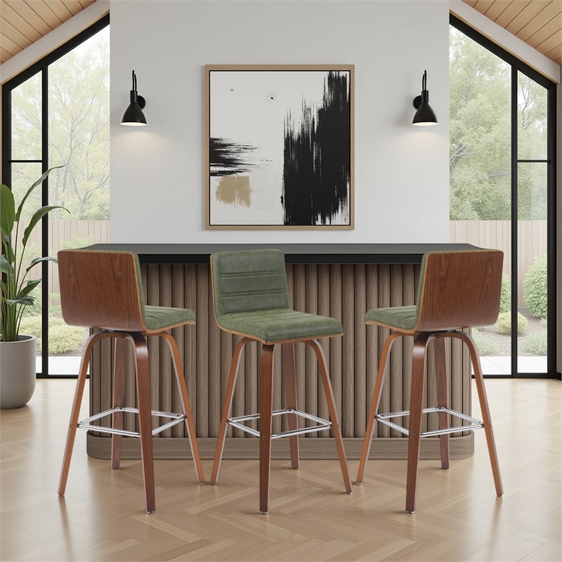 Vienna Swivel Bar Height Stool with Green Seat/Walnut Wood Frame- Set of 3
