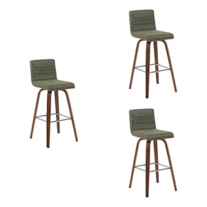 Vienna Swivel Bar Height Stool with Green Seat/Walnut Wood Frame- Set of 3