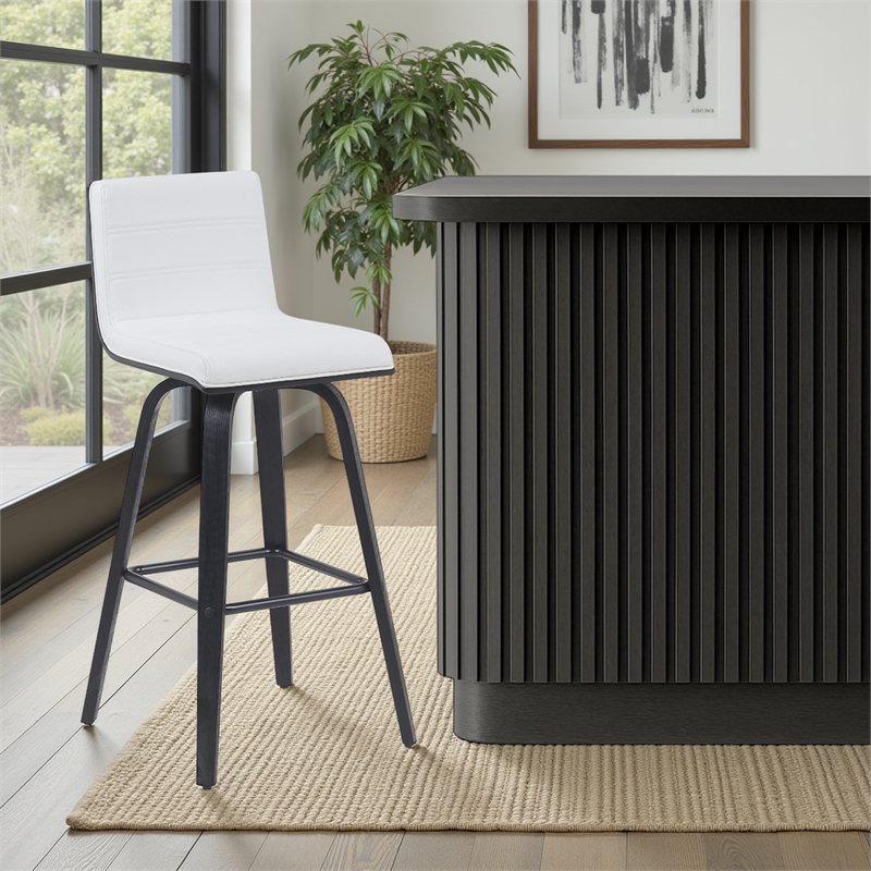 Vienna Swivel Bar Height Stool with Snow White Faux Leather Seat/Black Brushed