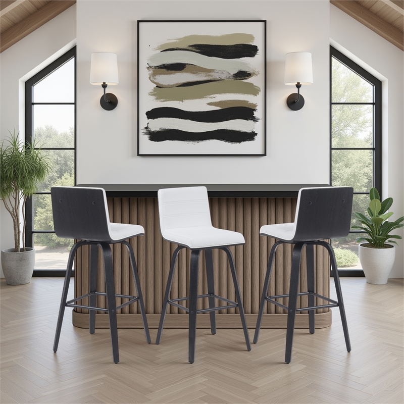 Vienna Swivel Bar Height Stool w/ Snow White Faux Leather Seat & Black- Set of 3